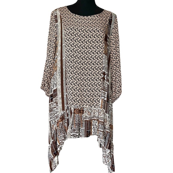 BD Collection NWT Patchwork Shark Bite Tunic Ruffle Hem Long Sleeve Top Small - Picture 1 of 10